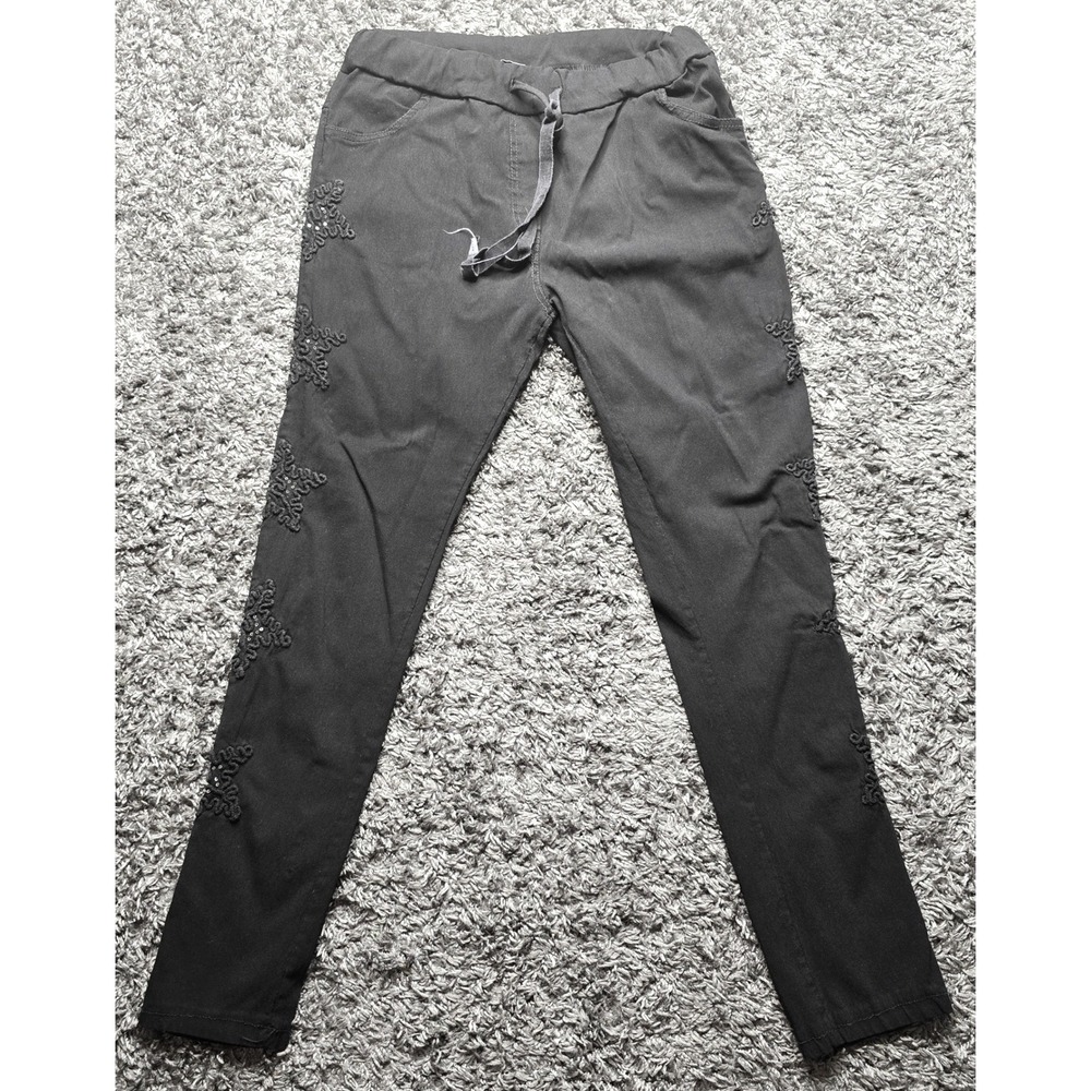 Selected Fashion Womens Black Skinny Pants Embroidered Sequin Applique Size M